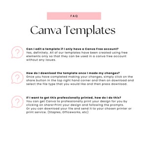 May include: A graphic with a question mark icon and text that reads "Can I edit a template if I only have a Canva Free account?"  "Yes, definitely. All of our templates have been created using free elements only so that they can be used in a Canva free account without any issues."