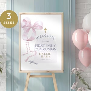 Pink First Holy Communion Welcome Sign, Watercolor 1st Communion Party Signage for Girl, Printable & Editable Poster, Decorations, 3 x Sizes