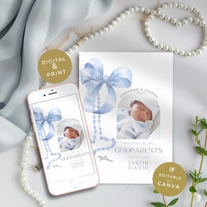 Godparent Proposal Digital Download, Customizable Invitation Card, Editable Baptism Proposal Template, Blue Bow Boy, Digital, Electronic