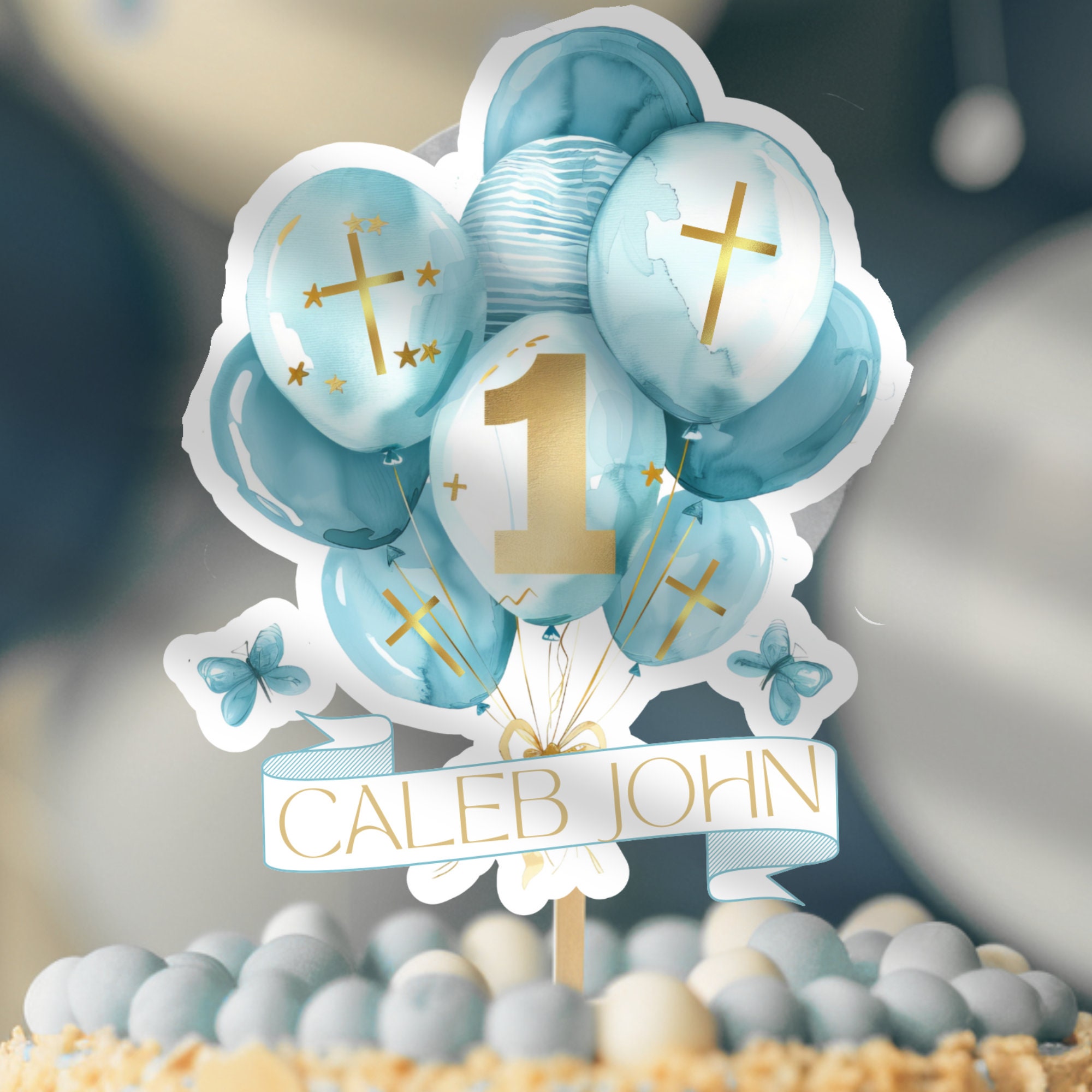 Baptism Cake Topper Printable, 1st Birthday Cake Topper, Blue Balloons — free download