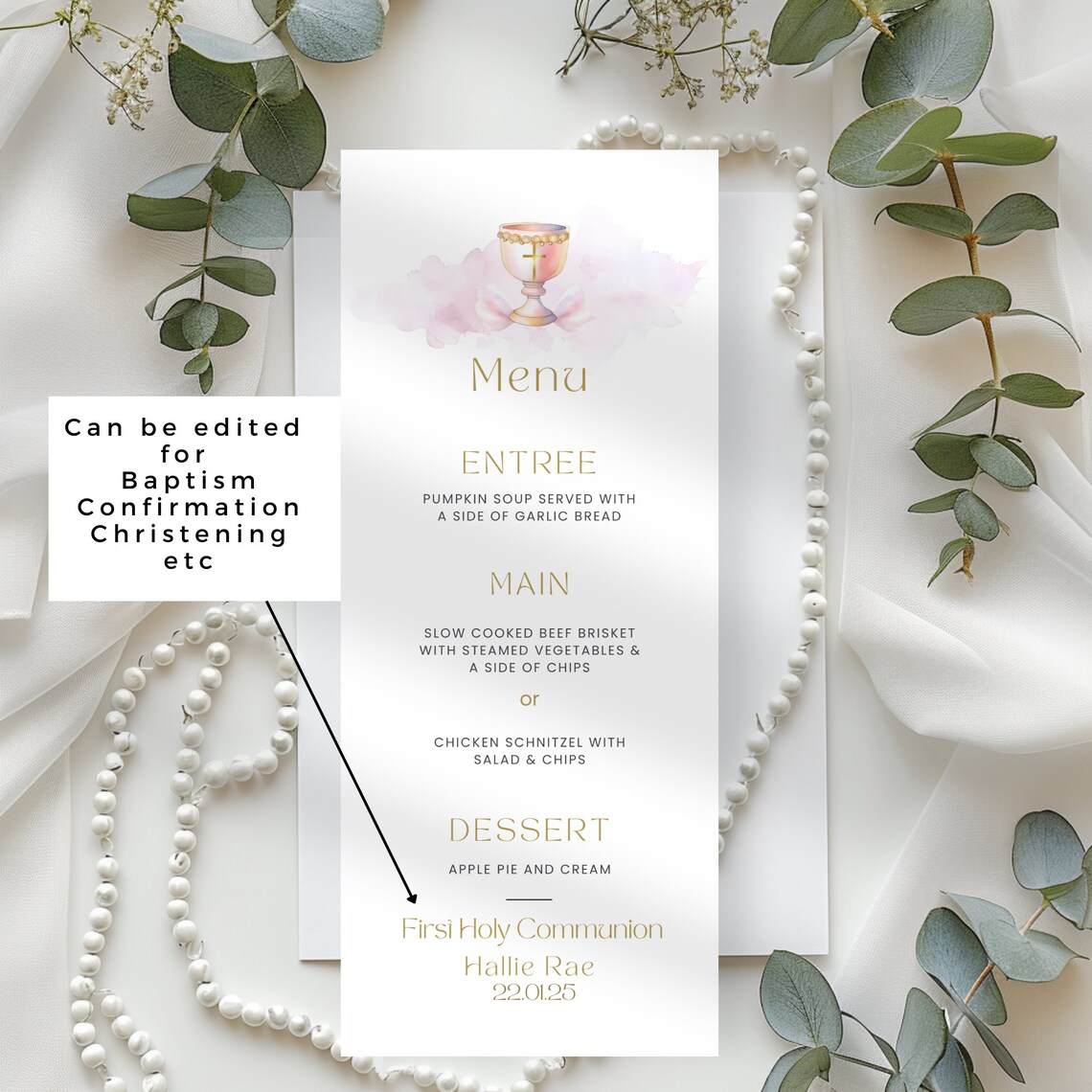 First Communion Menu, Pink Watercolor, Baptism or Christening Dinner ...