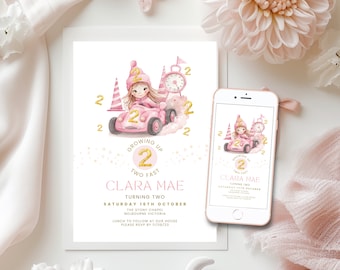 Two Fast Birthday Invitation Pink, 2nd Racing Party Invite Girl, Little Racer 2 Year Old, Digital Second Birthday Race Car Theme, Printable