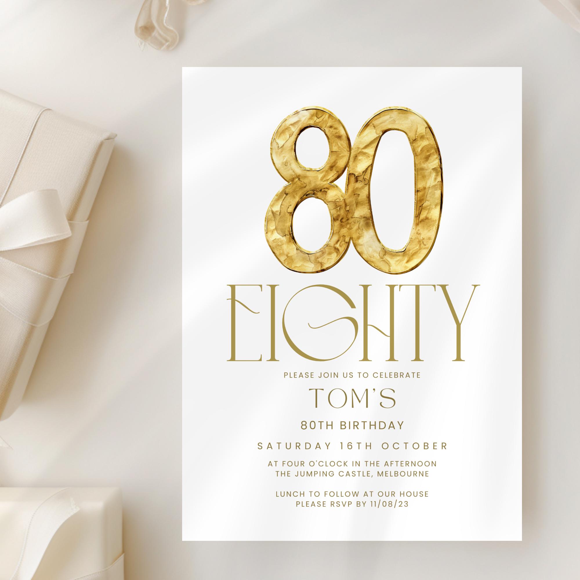 80th Birthday Invitation Digital, Modern Gold & White Minimalist Eighty ...