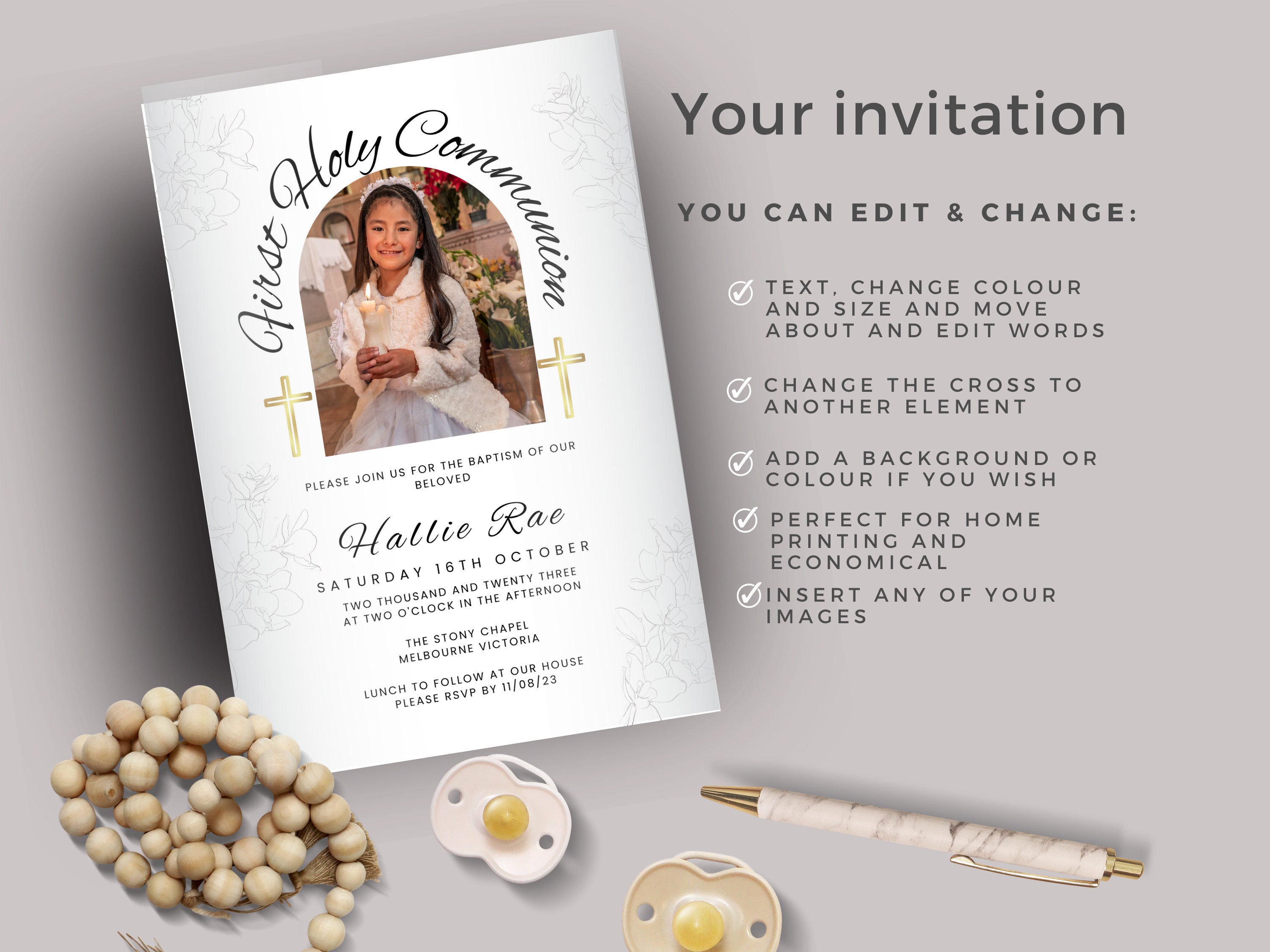 Editable Holy Communion Invitation Card Template, First Communion ...