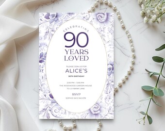 90 Years Loved Birthday Invitation Purple with Flowers, 90th Digital Vintage Toile Floral Invite for her, Customizable, Editable & Printable