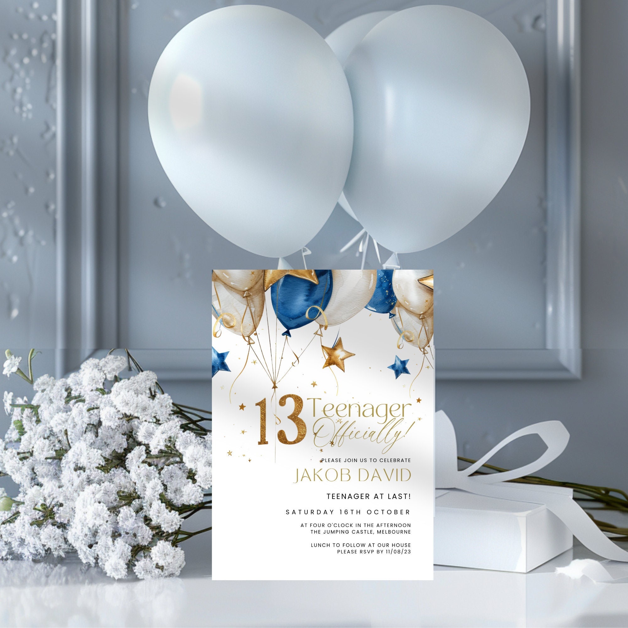 13th Birthday Invitation Boy, or Girl, Blue \u0026 Gold, 13 Year Old Invite  Canva Template, Printable, Editable, Digital Mobile Phone Text Invite - Etsy, image size:2000x2000