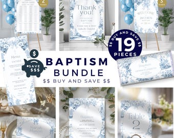 Baptism Invitation Bundle for Boys, French Dusty Blue Toile De Jouy, Modern Vintage  Editable and Printable Decor, Christening Celebration