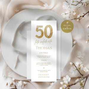 50th Birthday Dinner Menu, Elegant Gold Theme, Editable Template for Men or Women, Perfect for Parties, Customizable & Printable