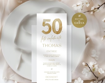 50th Birthday Dinner Menu, Elegant Gold Theme, Editable Template for Men or Women, Perfect for Parties, Customizable & Printable