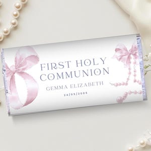 Chocolate Bar Wrapper First Communion, Pink Bow Mini Candy Bar Wrappers, Personalised, Editable Hershey & Aldi Wrapper Favors for Girls