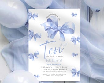 10th Birthday Invitation Bow, Printable & Editable, 10 Year Old Girl Invite, Pastel Baby Blue Coquette Theme, Customizable and Digital