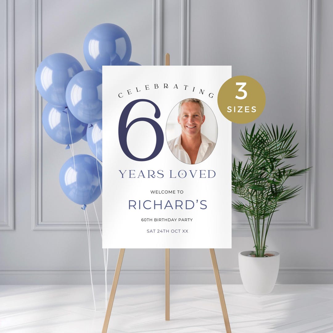 60 Birthday Sign With Pictures, Minimal 60th Welcome Poster With Photo ...