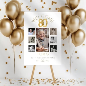 80th Birthday Welcome Sign Men, Look Whos 80 Editable Photo Poster, Party Sign with Picture Decorations, 80 Years Loved for Women,