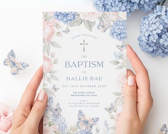 Floral Baptism Invitation with Butterfly, Pastel Pink and Blue Butterflies, Modern Digital Christening Invite, Printable & Editable Template