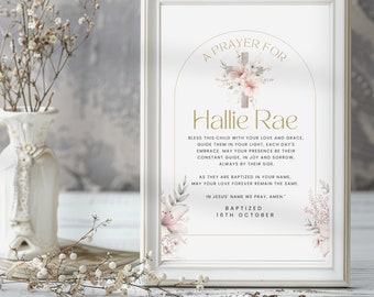 Baptism Prayer Sign Girl, Pink Floral Cross and Liley, Christening Blessing, Printable & Editable Floral Decor, Digital Personalized Sign