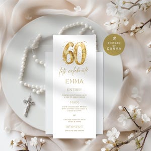 60th Birthday Dinner Menu, Elegant Gold Theme, Editable Template for Men or Women, Perfect for Parties, Customizable & Printable