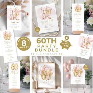 60th Birthday Bundle Women, Blush Pink & Gold Party Invitation, Editable Welcome and Custom Sign, Favor Tags, Bar and Buffet Menu, Printable