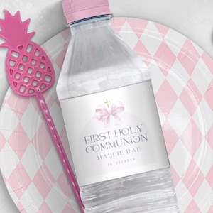 First Communion Water Bottle Label, Pink Bow Theme for Girls, Party Favor Stickers, Personalized, Editable and Printable Template