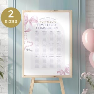 First Holy Communion Seating Chart, Pink Bow & Rosary Beads, 1st Communion Chair Plan girl, Table Sign, Printable, Editable, Find Your Seat