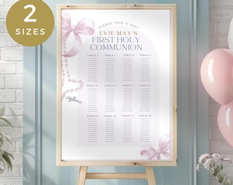 May include: A printable seating chart for a First Holy Communion celebration. The chart features a watercolor design with pink bows and a rosary. The text reads "Please take a seat, Evie May's First Holy Communion".