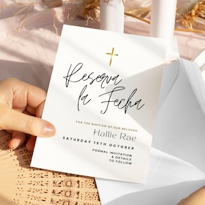 Reserva La Fecha Bautizo, Boy, Girl,  Save The Date Baptism Card, Baptism Invitations In Spanish, Invitacion De Bautizo, Gold, SP11