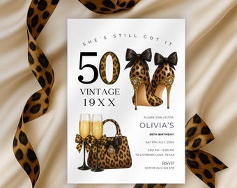 50th Birthday Invitation Template, Classy, Editable, Glam Designer High Heels, Leopard & Cheetah Print, Wine Theme for Party Celebrations