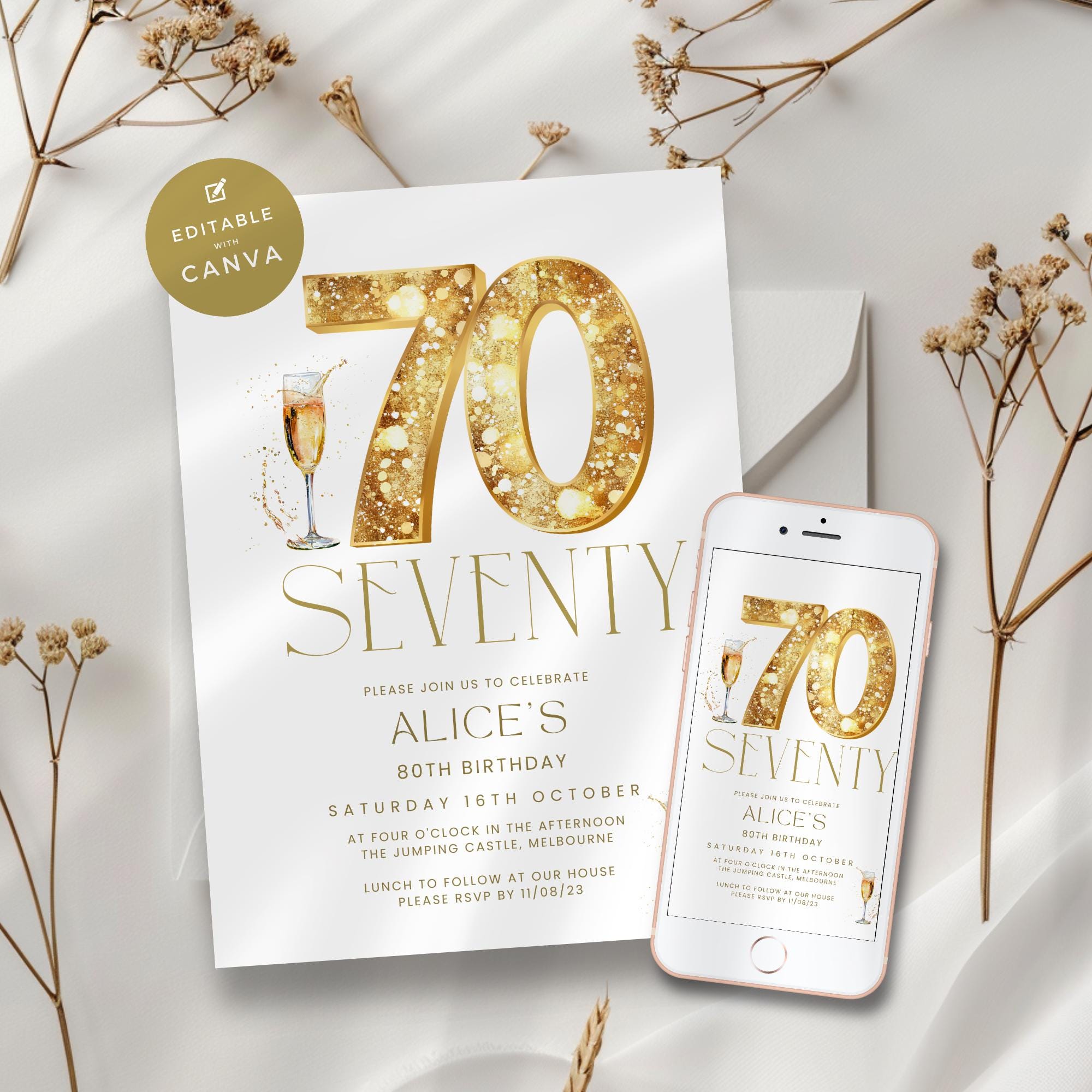 70th Birthday Invitation, Elegant Minimalist Gold & White Seventy