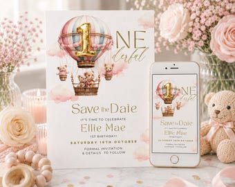 Little Miss Onederful Digital Save the Date Invitation, Wonderful World, Baby Girls Pink 1st Birthday Invite, Phone, Text Email E Invite