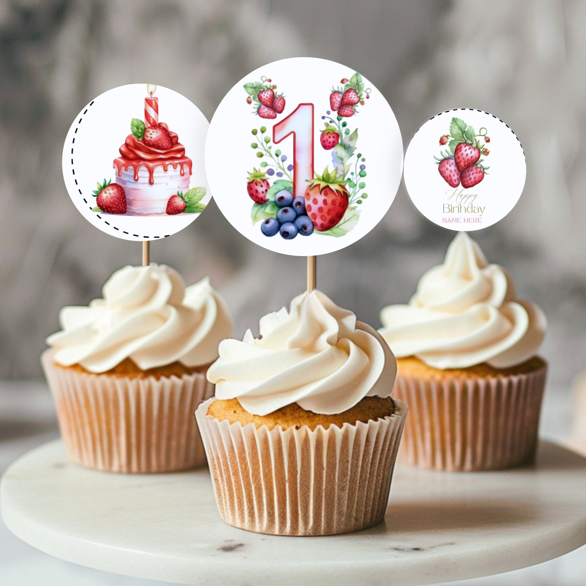 Berry First Birthday Cupcake Toppers, Strawberry Decor, Sweet One Cake ...