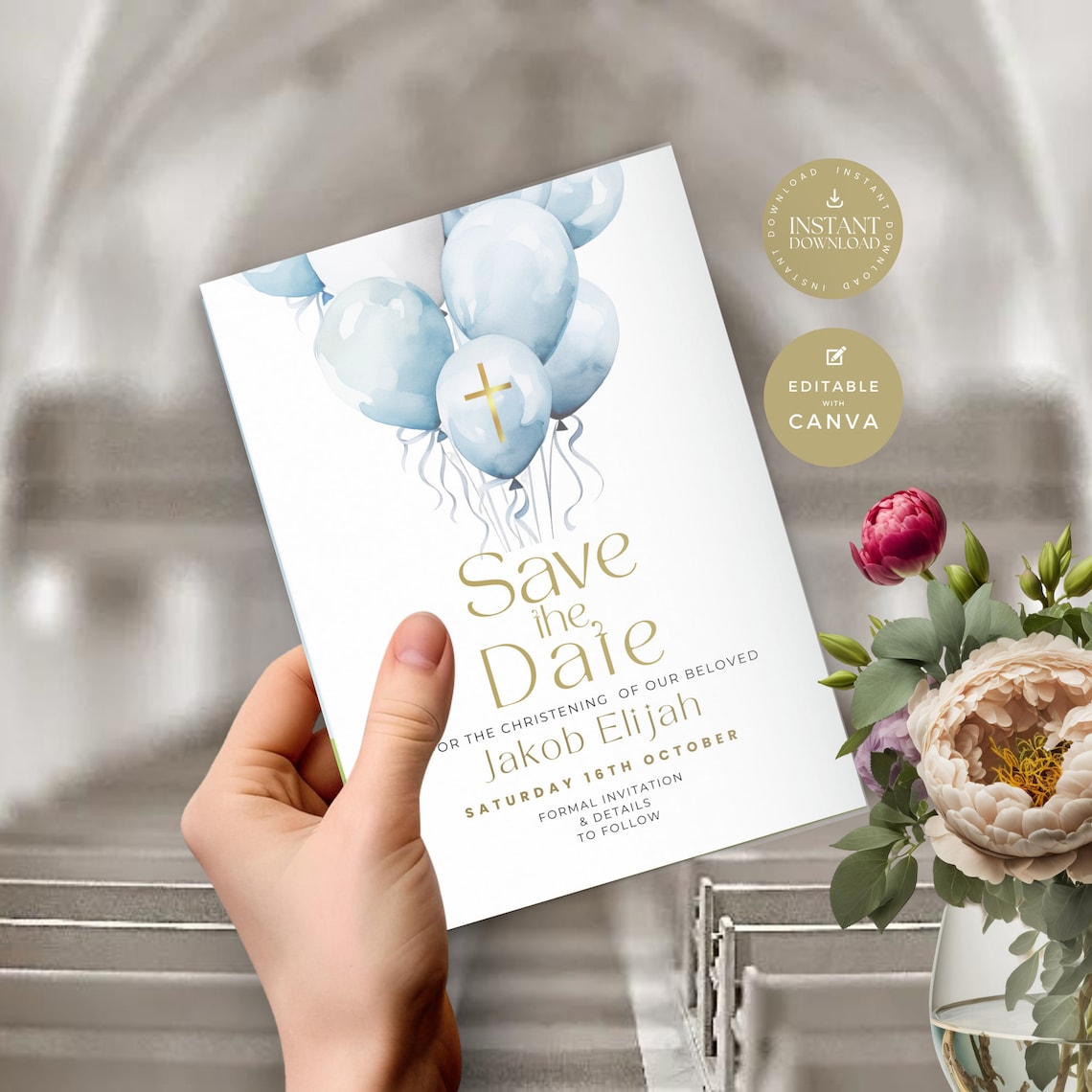 Christening Save the Date Invitation, Modern Blue Balloon Invite for