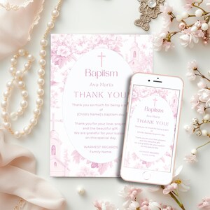 Baptism Thank You Card Electronic, Pink Toile De Jouy, Baby Girl Christening Note, Printable & Editable Baptism Gratitude Card, Customizable