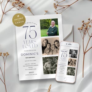 75th Birthday Invitation Template for Men, Classic, Modern, Minimal Party Invitation Adult,  Printable, Editable & Digital with Photo Women