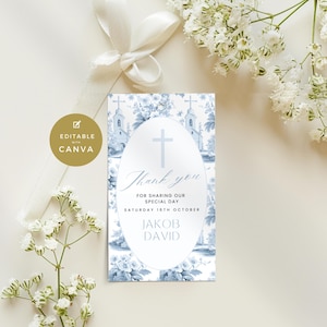 Baptism Favors Tags Printed, Blue Toile Theme, Boy, Editable and Printable, Christening, Holy Communion, Confirmation Thank You tags,