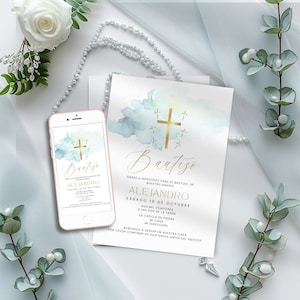Bautizo Invitations Spanish Boy, Blue and Gold Watercolor E Invite, Editable & Printable Invitaciones, Digital Electronic Phone Template