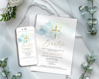 Bautizo Invitations Spanish Boy, Blue and Gold Watercolor E Invite, Editable & Printable Invitaciones, Digital Electronic Phone Template
