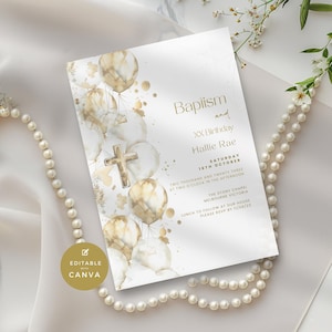 Baptism and 1st Birthday Invitation for Boy or Girl, 1st, 2nd, 3rd, Birthday Invite, Gold Balloon & Gold Cross, Digital Text or E-Invite