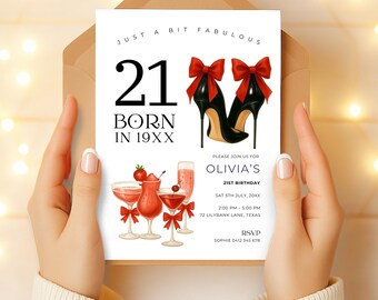 Modern 21st Birthday Invitation Template Girl, Red & Black, Digital Glam Cocktail and Heels Party Invite with Bows, Trendy Digital Download