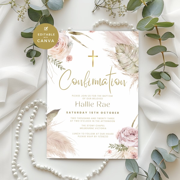 Floral Confirmation Invitation with Pink Pampas Grass, Personalized and Custom Girls Invite, Digital Text or Email Evite, Canva Template