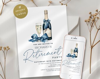 Retirement Party Invitation for Men or Women, Classy Champagne Theme Celebration Invite, Blue and Gold, Editable, Digital, Electronic