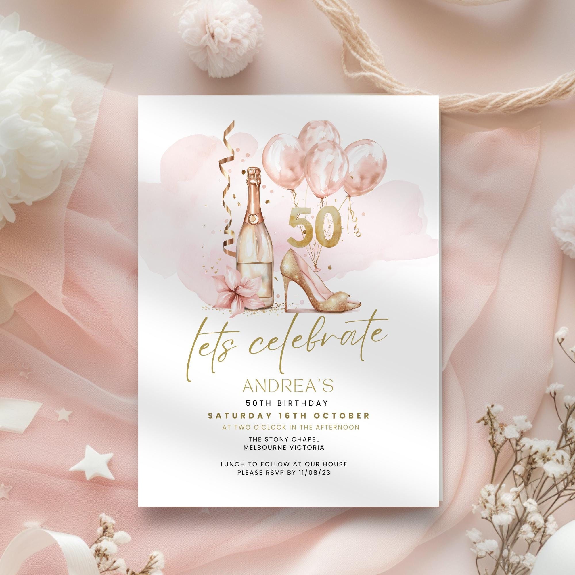 50th Birthday Invitation Wine, 50 Years and Fabulous Womens Heels Party Invite, Fiftieth, Digital, Electronic, Printable & Editable. Text