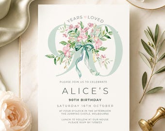 90 Years Loved Invitation, Digital 90th Birthday Template for Women, Editable Floral Wildflower Design, Printable Invite, Pink and Green