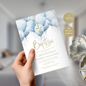 Baptism Invitation Boy Balloon, 1st Birthday, Blue and Gold Cross Christening Invite, Editable & Printable, Electronic Text, Canva BBL01a