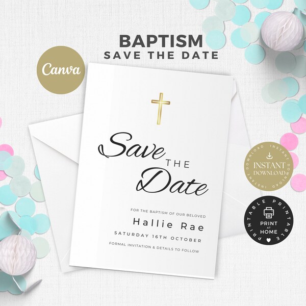 Save The Date Baptism Card, Minimalist, Modern, Black and White, Printable and Editable, Invite, Invitation, Evite, BA17