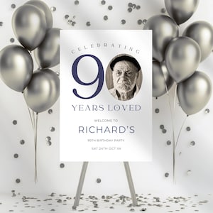 May include: A white sign with the text "Celebrating 90 Years Loved" in blue lettering. The sign also includes the text "Welcome to Richard's 90th Birthday Party Sat 24th Oct XX". A black and white photo of a man is in the center of the sign. The sign is propped up on a wooden easel. Silver balloons are in the background.