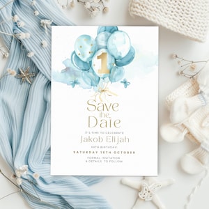 Boy 1st Birthday Invitation, Blue Save the Date, Balloon First Birthday Invitation, Little Mans 1st Party, Digital Text or Email E Invite