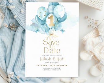Boy 1st Birthday Invitation, Blue Save the Date, Balloon First Birthday Invitation, Little Mans 1st Party, Digital Text or Email E Invite