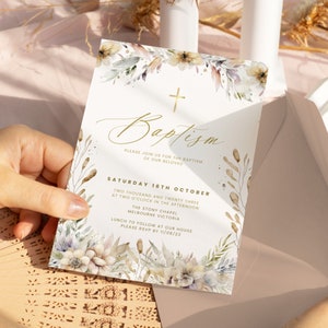 Floral Baptism Invitation, Neutral Wildflower Fall Theme for Adult, Boy or Girl, Editable and Printable Canva Template for Email or Text