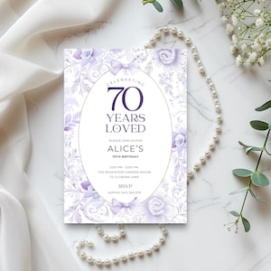 Floral 70th Birthday Invitation, Purple 70 Years Loved Invite, Lilac & Gold Vintage Toile De Jouy, Editable, Digital Party Invite for Women