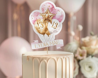 13th Birthday Cake Topper Girl, Pink & Gold, Official Teenager, Thirteen Cake Topper, Personalised with Any Name, Printable and Editable