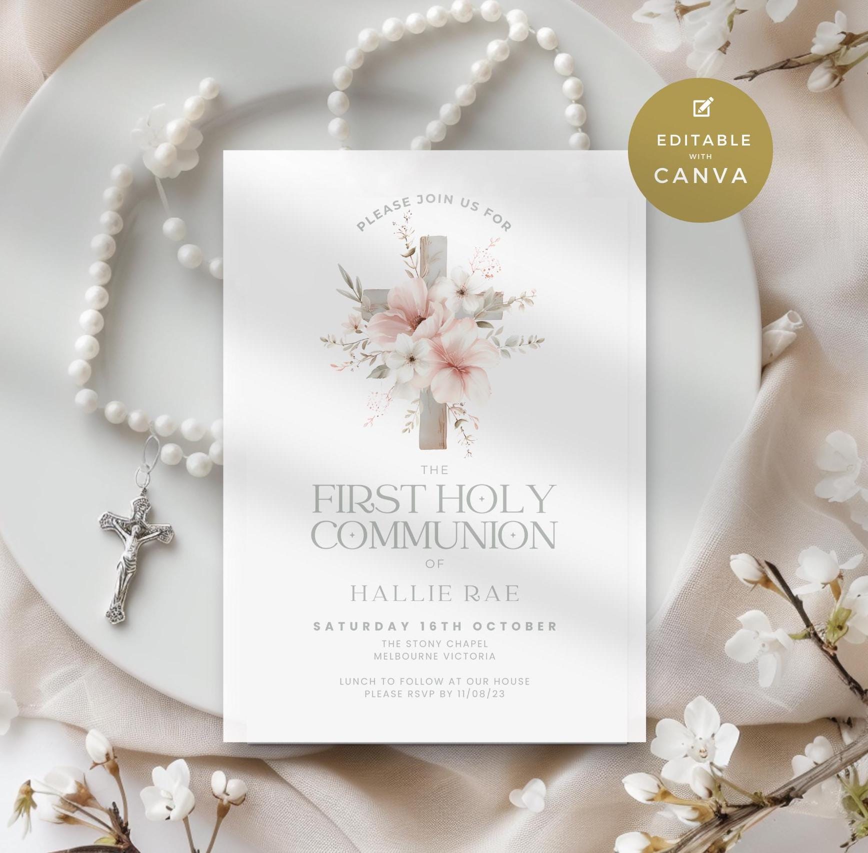 First Holy Communion Invitation for Girl with flowers, 1st Communion invite with Pink Floral Cross, Digital, Printable, Editable, Electronic